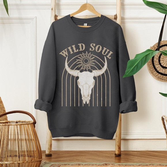 Boho Wild Soul Cow Skull Graphic Crewneck Sweatshirt - Picture 4 of 10